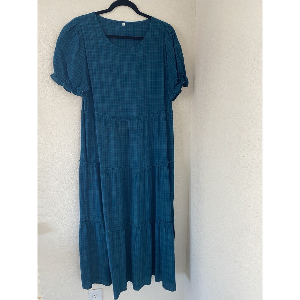 Bohemian Cottagecore Blue Green Dress with Pockets And Short Sleeves Long Maxi